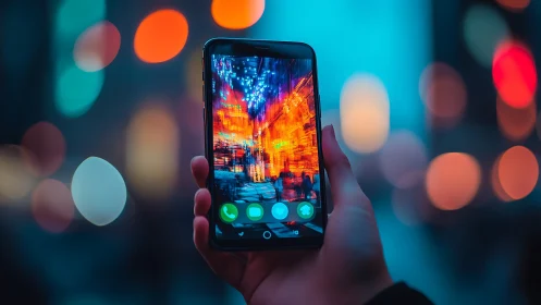 Smartphone held in hand with vivid city lights on screen.