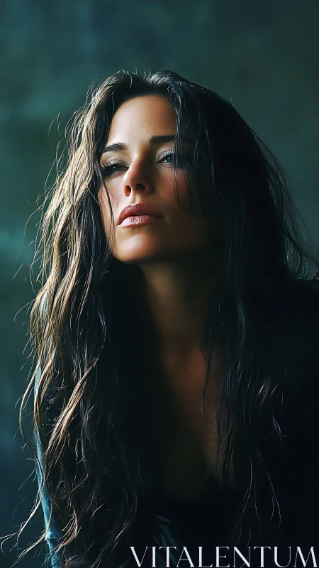 Portrait shows woman with long wet hair in directional light