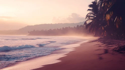 Tropical shoreline with palm trees under diffuse sunset light.