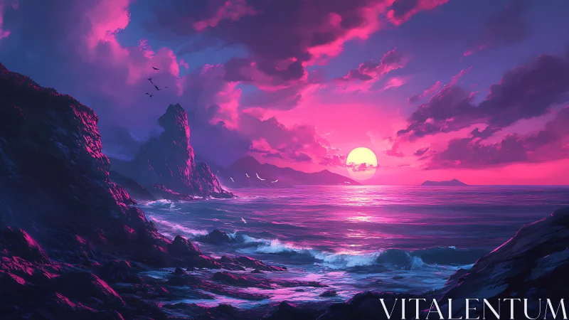 Coastal seascape shows stylized sunset over rocky shoreline