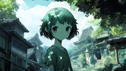 Green haired child in shaded traditional Japanese street scene.