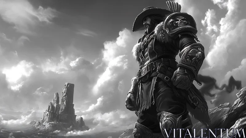 Armored fantasy ranger overlooking rocky coastal spires.