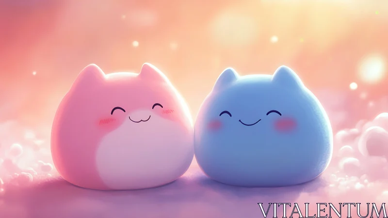 Two Plump Cloud Cats Share a Dreamy Sky Moment.