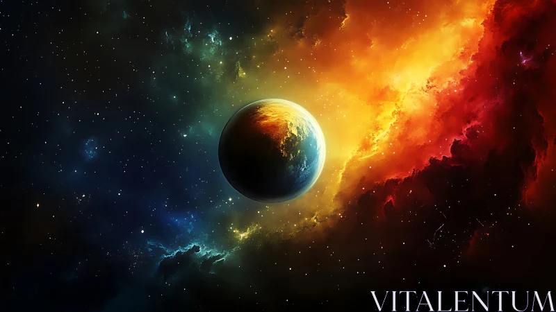 Alien planet between cold nebula and burning starfield.