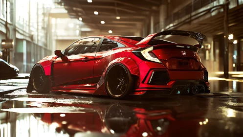 Wide-body red tuner hatchback rendered in cinematic 3D lighting