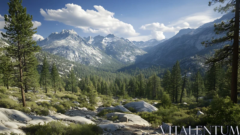 Mountain valley with conifer forest under clear daylight sky