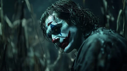 Haunted clown drifter in moonlit cornfield shadows broods.