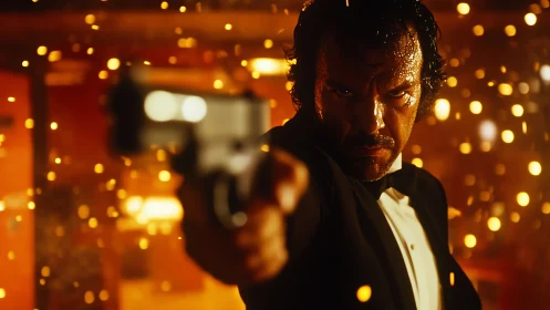 Man in tuxedo aims handgun amid bright orange sparks