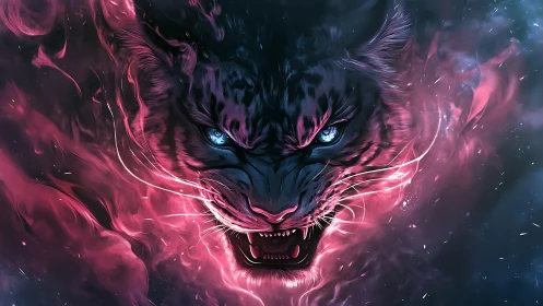 Digital painting of spectral panther head in neon flames.