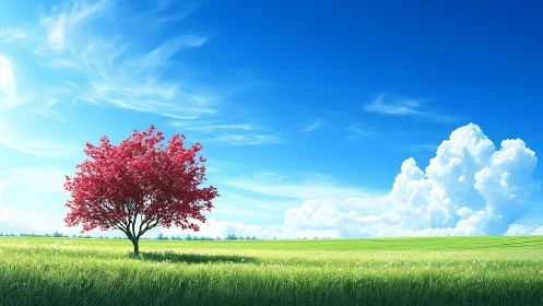 Vibrant pink tree in green meadow under bright blue sky, digital art.