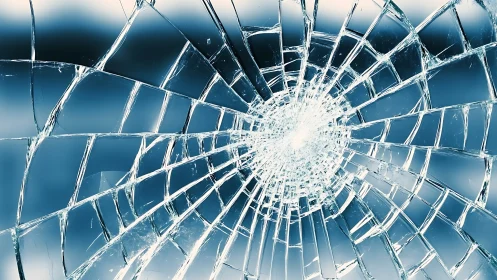 Shattered glass pane radiates fracturing lines from impact point