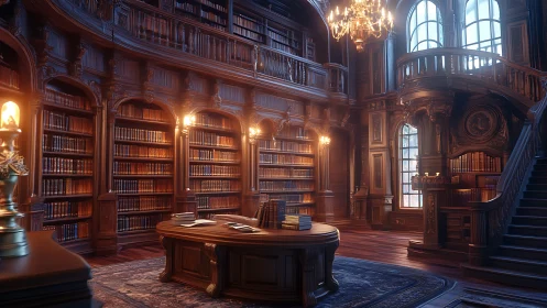 Ornate two level library interior with wooden shelves and desk.