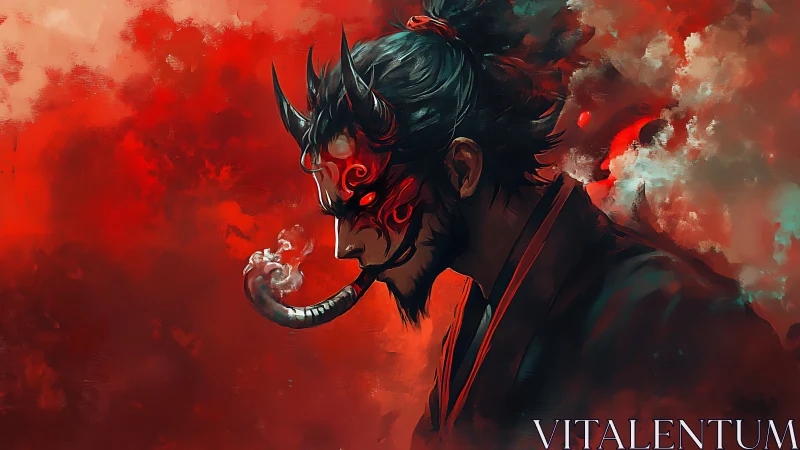 Demonic samurai profile smokes through ornate horned mask.