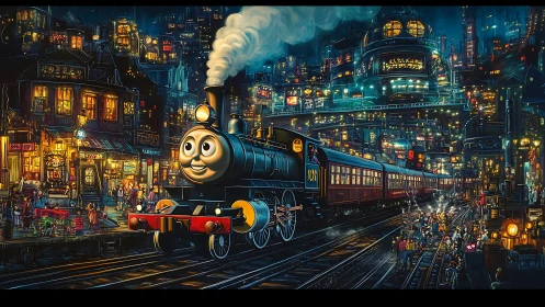 Smiling steam train crossing neon steampunk city at night.