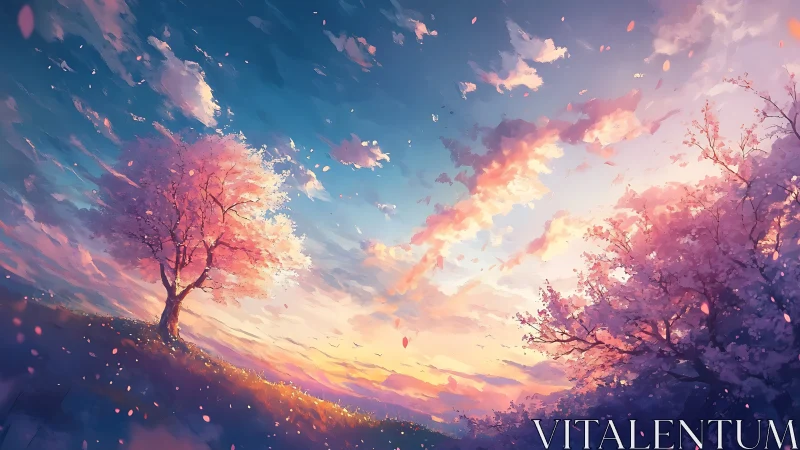 Gentle cherry blossoms glowing softly in a dreamy sunset sky.