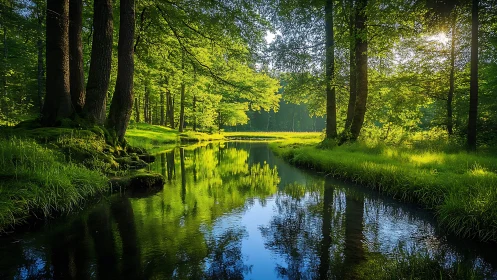Serene forest stream with lush green trees in morning sunlight.