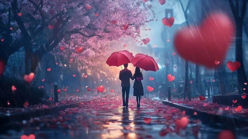 Couple sheltering under red umbrellas in heart-filled rainy street