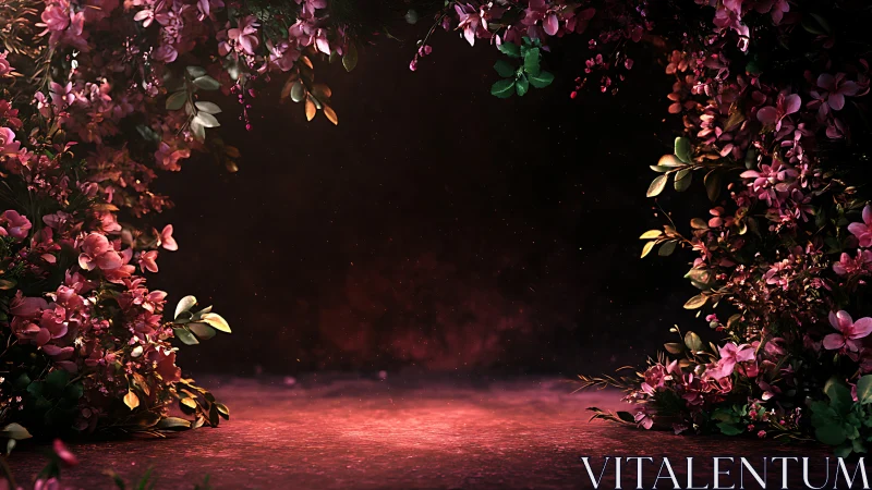 Luminous Floral Gateway: Pink Blossoms Frame Mystical Stage.