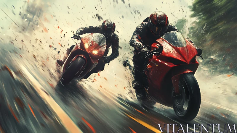 High-speed sportbike duel on rain-soaked urban highway.