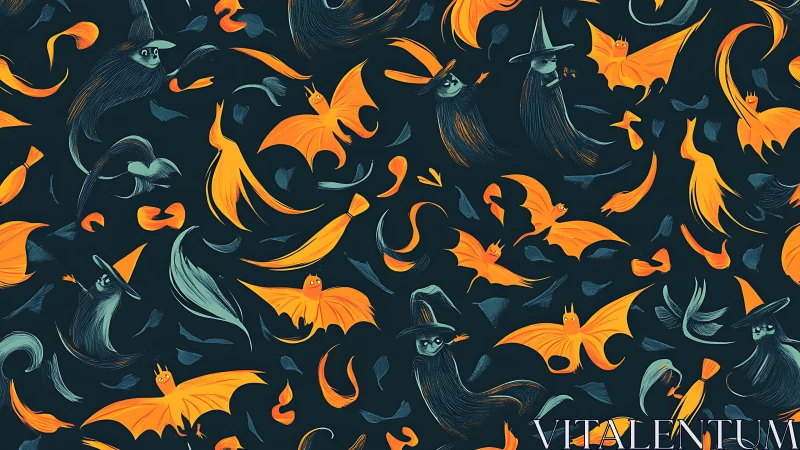 Whirling witch bats dance across a midnight Halloween sky.
