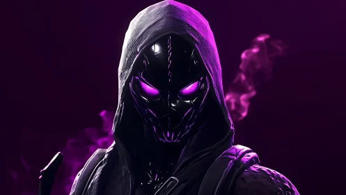 Hooded black armored figure with glowing purple eyes portrait.