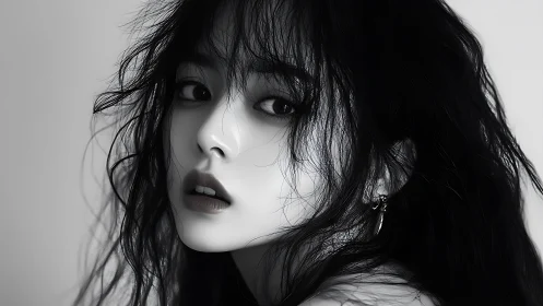 Monochrome close-up presents a digitally rendered female face