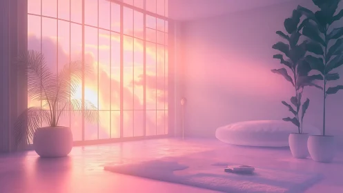 Pastel sunrise loft interior with serene soft seating glow.