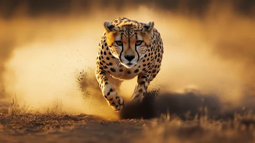 Dust-splitting cheetah sprinting through molten sunlight.
