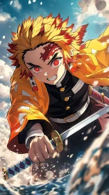 Flame-haired swordsman lunging through crashing ocean spray.