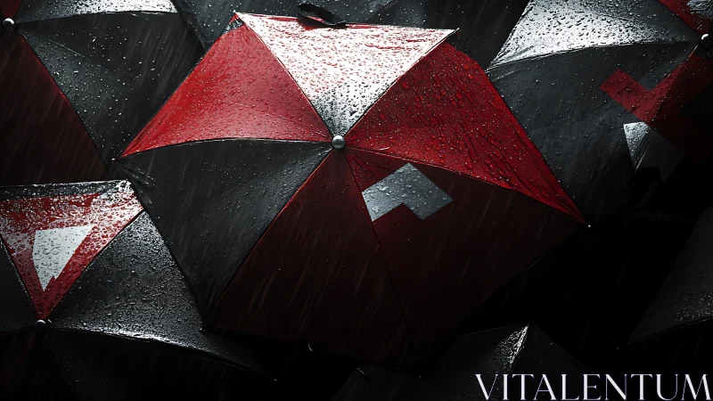 Red and black umbrellas glisten under heavy urban rain