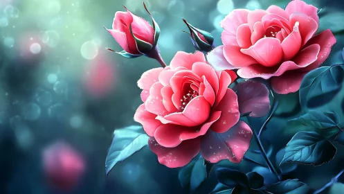 Pink Roses Against Teal Bokeh: Romantic Digital Floral Study.