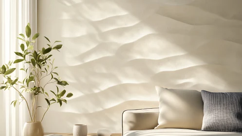 Sunlit waves on cream walls with calm sofa and leafy muse.