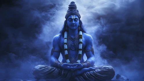 Serene blue deity in meditative stillness amid swirling mist.