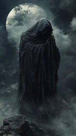 Shrouded wraith towers under moonlit storm clouds.