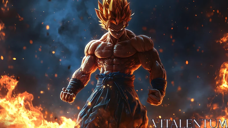 Digital painting of fiery warrior in cinematic battle stance.