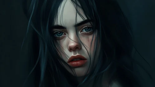 Brooding digital portrait of young woman in teal gloom.