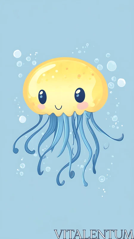 Smiling yellow jellyfish illustration on blue background.