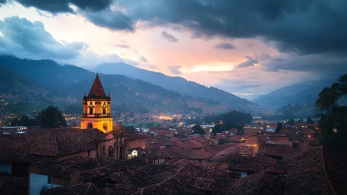 Golden church tower glows softly above a misty mountain town