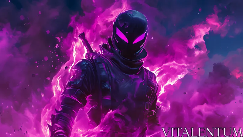 Neon-masked cyber assassin emerges from volatile magenta flames