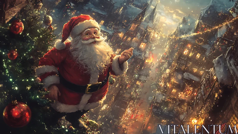 Santa Claus stands beside lit tree above glowing winter town