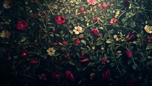 Dark Floral Garden: Rich Vintage Blooms Against Moody Backdrop
