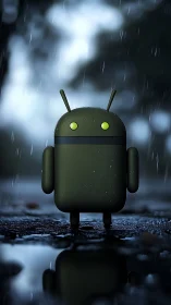 Android robot stands in cinematic rainy street reflection.