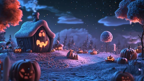 Snowy pumpkin lane to a cozy, smiling haunted cottage.