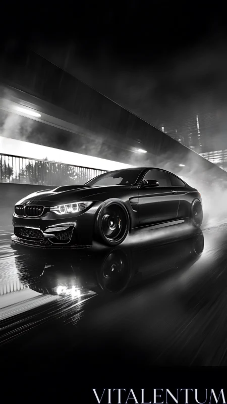 High-contrast BMW coupe rendered in dynamic wet-track motion blur