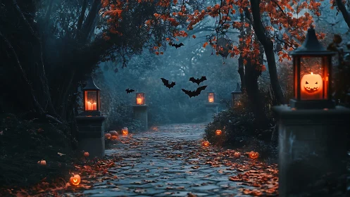 Halloween path shows jack-o-lanterns, bats and lanterns