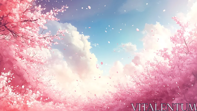 Pink cherry blossoms frame bright spring sky with drifting petals