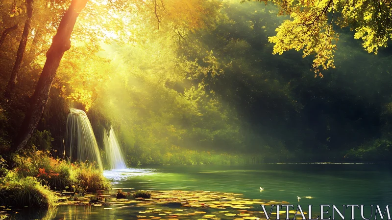 Sunlit forest waterfall over calm green reflective pond.