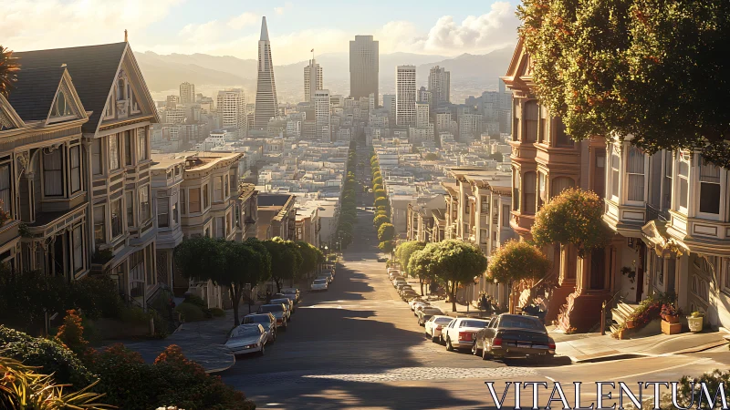 Golden hour tumbles down a San Francisco hill of stories