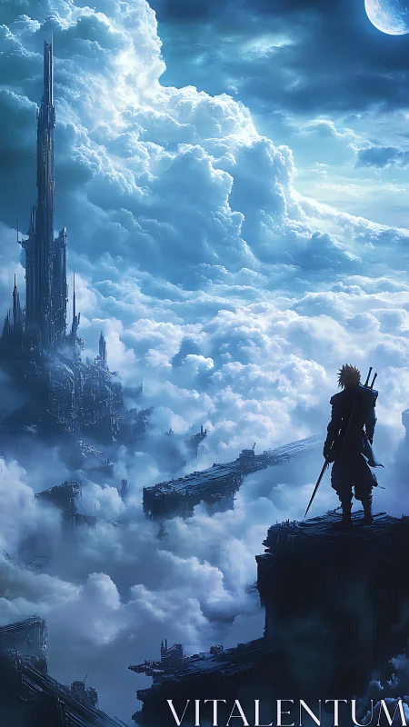 Lone warrior overlooking towering sky citadel at dusk.