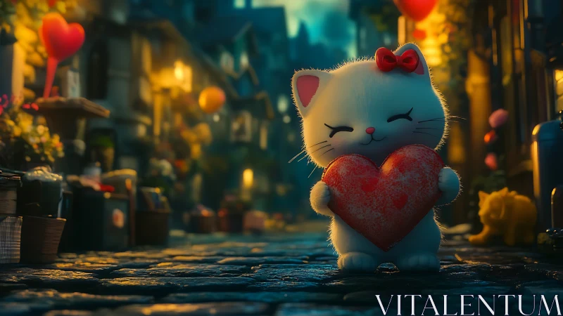 White cat figurine holding red heart in atmospheric urban street scene.